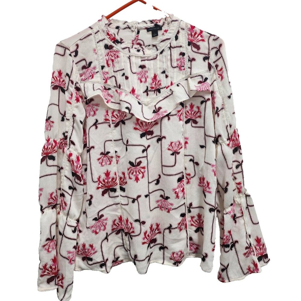 Ann Taylor Womens BOHO Cotagecore Top Small White Pink Floral Ruffle Bell Sleeve